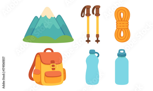 Outdoor adventure gear icons featuring mountain equipment and accessories