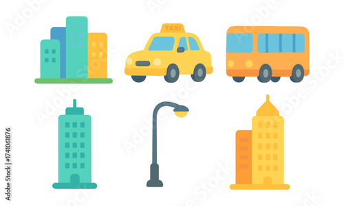 Colorful urban elements: taxi, bus, buildings, and streetlight icons in flat design