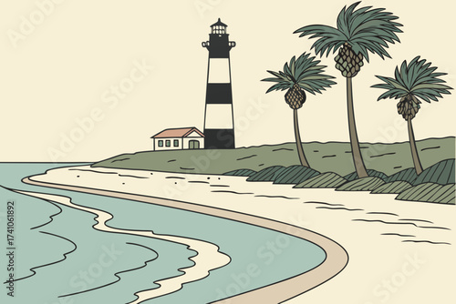Tybee Island Beach in Georgia, sandy beach with black-and-white striped lighthouse nearby