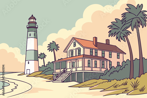 Tybee Island Lighthouse in Georgia, black-and-white striped tower near sandy beach with palms and dunes