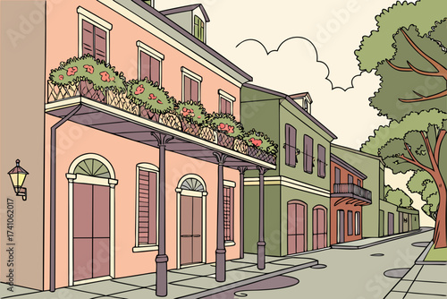 Vieux Carré French Quarter in New Orleans, Louisiana, pastel Creole townhouses with balconies draped in flowers