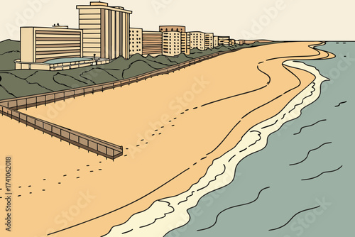 Virginia Beach in Virginia, sandy shoreline with boardwalk, hotels, and wide Atlantic surf