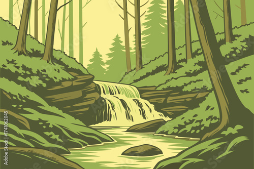 Wagner Falls in Munising, Michigan, small but scenic cascade framed by moss-covered rocks in the forest