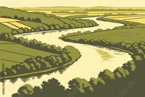 Wabash River in Indiana, wide reflective waters flowing through farmland and wooded floodplains