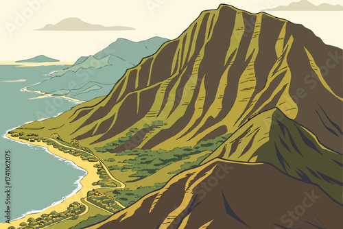 Waianae Range in Oʻahu, Hawaii, rugged volcanic ridges with sweeping ocean and city views