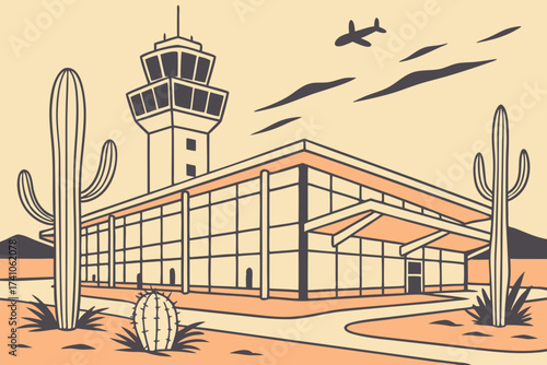 Tucson International Airport in Arizona, compact desert terminal with cactus landscaping outside