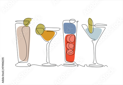 Cocktail Glass Line Collection. line icon-continuous line drawing. Editable stroke.	