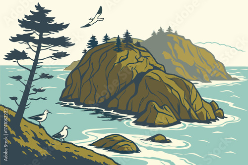 Tillamook Bay Islands in Oregon, rocky coastal islets with seabirds and rugged waves