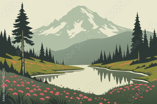 Tipsoo Lake in Washington, small alpine lake reflecting Mount Rainier and fields of wildflowers
