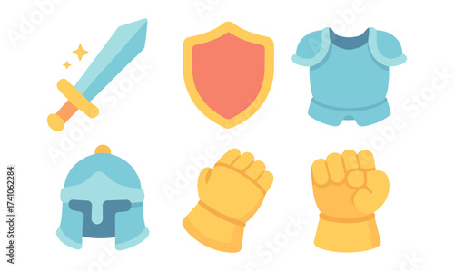 Colorful medieval armor and weapon set in flat cartoon style