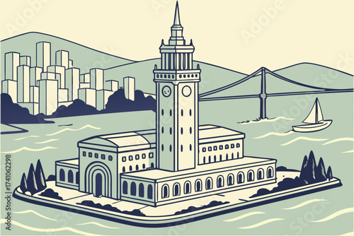 Treasure Island in San Francisco Bay, art deco buildings with sweeping city views