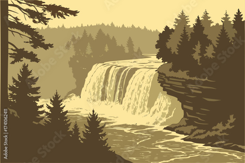 Tahquamenon Falls in Upper Peninsula, Michigan, massive amber-colored cascade in thick northern woodland