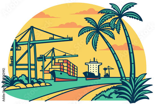 Tampa Bay Port in Florida, container cranes and ships set against bright tropical backdrop