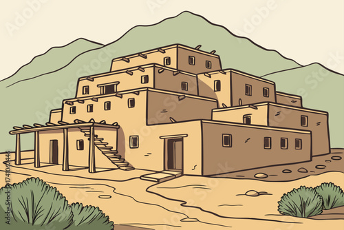 Taos Pueblo in New Mexico, ancient adobe village with stacked multistory homes and mountain backdrop