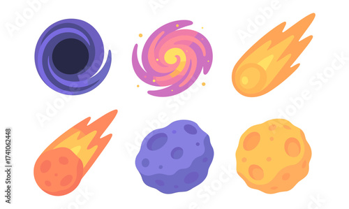 Colorful celestial objects: black hole, spiral galaxy, comets, asteroids