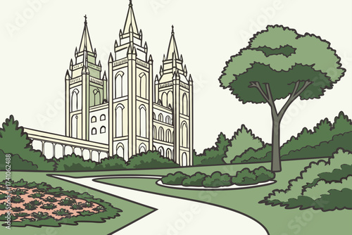 Temple Square Street in Salt Lake City, Utah, historic area with Mormon temple and manicured grounds