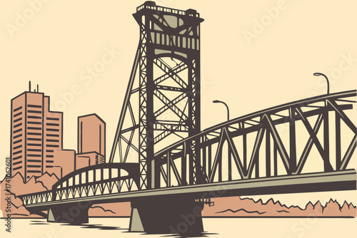 Steel Bridge in Portland, Oregon, double-deck lift bridge with historic steel trusses rising against skyline