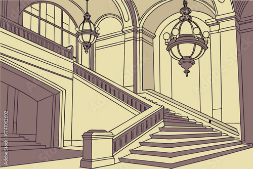 Stephen A. Schwarzman Building in New York City, New York, majestic marble staircase beneath ornate chandeliers