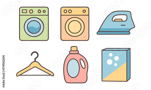 Laundry icons set: washing machine, dryer, iron, detergent, hanger, and soap box
