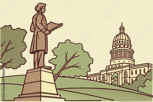 Stephen F. Austin Statue in Austin, Texas, bronze pioneer figure with scroll standing on stone pedestal