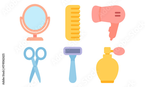 Colorful hair care tools set: mirror, comb, hair dryer, scissors, razor, perfume