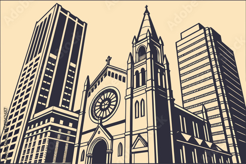 St. Peter’s Church in Chicago, Illinois, Gothic-style facade with rose window standing amid downtown skyscrapers