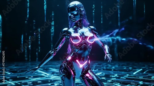 Sleek futuristic android dances in a vibrant cyberpunk club, displaying advanced AI technology and glowing neon accents, a glimpse into tomorrow's world