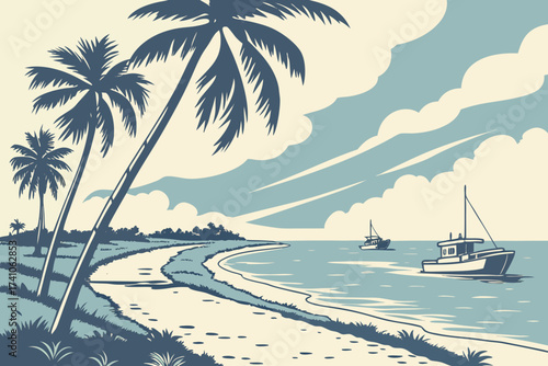 Sombrero Beach in Marathon, Florida Keys, sandy stretch with coconut palms and fishing boats offshore