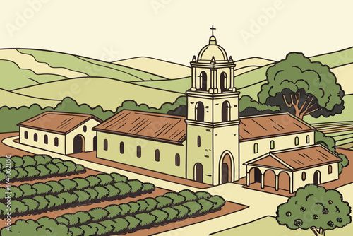 Sonoma Plaza in California, colonial adobe buildings with vineyards and rolling hills beyond