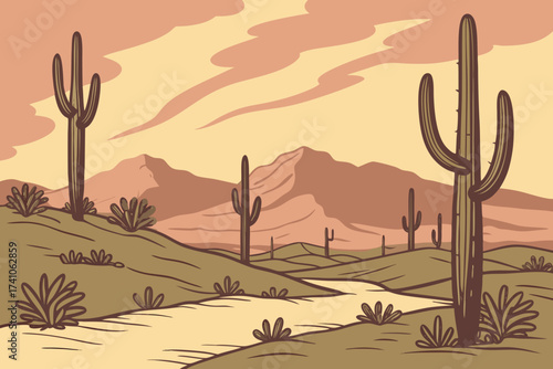 Sonoran Desert in Arizona, vast sandy landscape with towering saguaro cacti against sunset