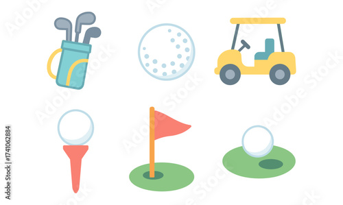 Playful golf elements set in flat design featuring clubs, cart, flag, ball, and tee