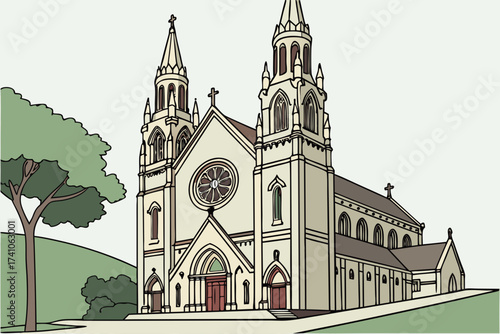 St. Dominic’s Catholic Church in San Francisco, California, Gothic Revival spires with stained glass rose window