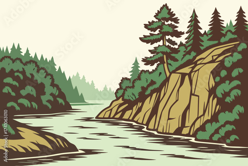 St. Croix River in Wisconsin–Minnesota border, peaceful waters flowing between rocky bluffs and pine forests