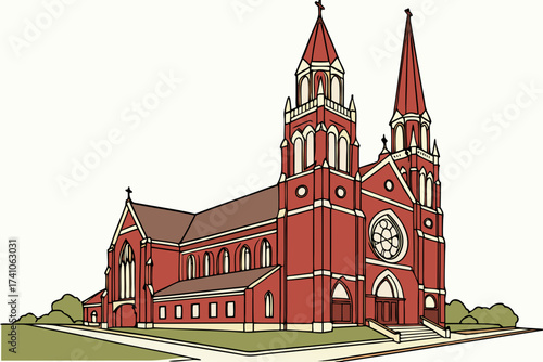 St. Joseph Catholic Church in Macon, Georgia, twin spires rising above red brick Gothic Revival facade