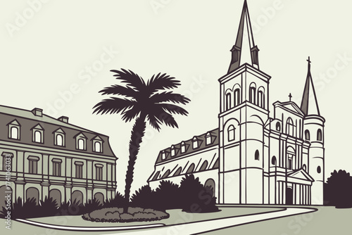 St. Louis Cathedral in New Orleans, Louisiana, white Gothic spires rising above Jackson Square with palm trees nearby
