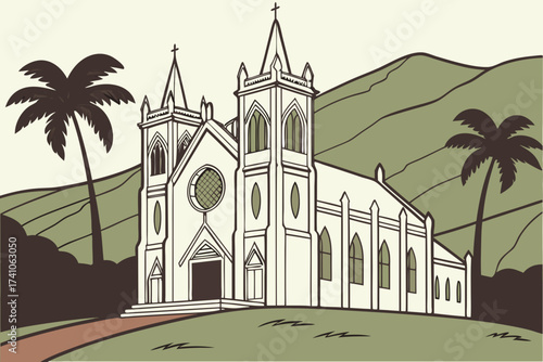 St. Joseph’s Catholic Church in Hilo, Hawaii, white Gothic Revival church with palm trees and volcanic backdrop