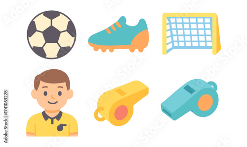 Flat style soccer elements with whistle, ball, goal, shoe, and referee icon set