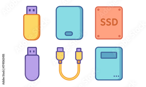 Colorful flat design of usb drives and storage devices with cable connections