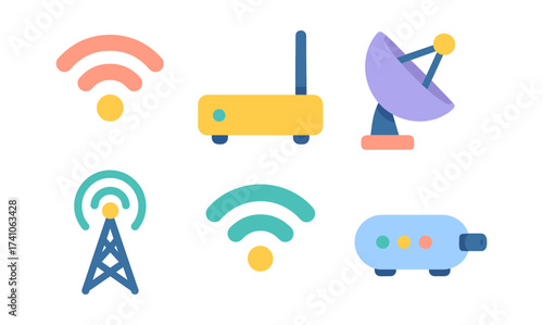 Modern communication icons set featuring wifi signal, router, satellite dish, and antenna in flat design
