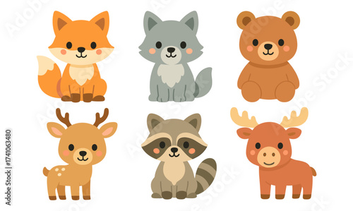Cute woodland animals collection in adorable cartoon style