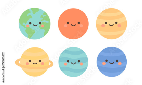 Cute cartoon planets with smiling faces in minimalist style