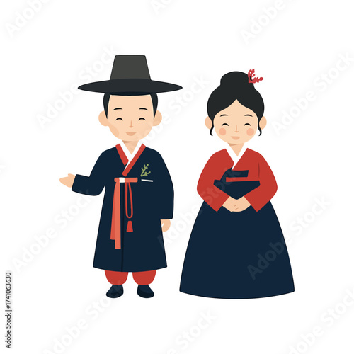 Happy Korean Couple Wearing Traditional Hanbok Clothes with Gat Hat
