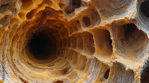 Abstract close-up of a natural, textured tunnel with organic patterns and warm earthy tones.