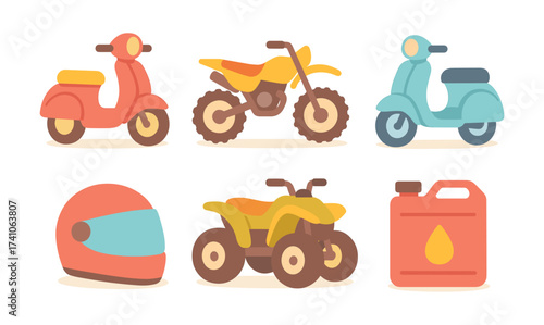 Colorful two-wheeler and accessories set in flat cartoon style