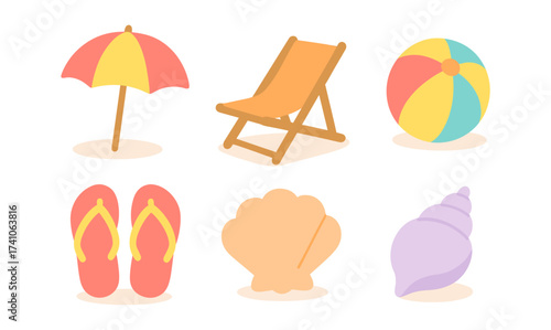 Beach essentials collection: umbrella, chair, flip-flops, shells, and ball in flat design