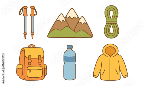 Outdoor adventure gear icons set featuring hiking equipment in flat design