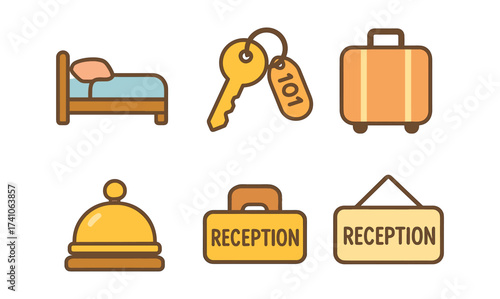 Flat design hotel icons: bed, key, luggage, bell, reception signs