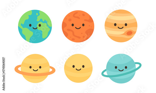 Cute cartoon planets with smiling faces: earth, mars, jupiter, saturn, uranus - adorable space design