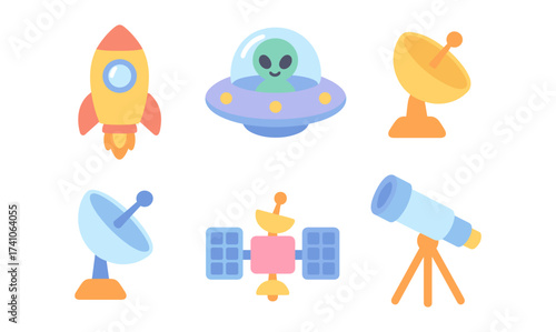 Playful space-themed icons featuring ufo and rocketship in flat design
