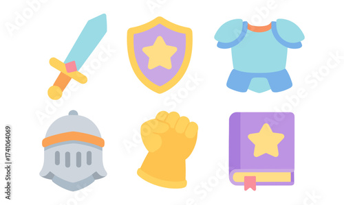 Medieval icons set: sword, shield, armor, helmet, gauntlet, spellbook with star motif
